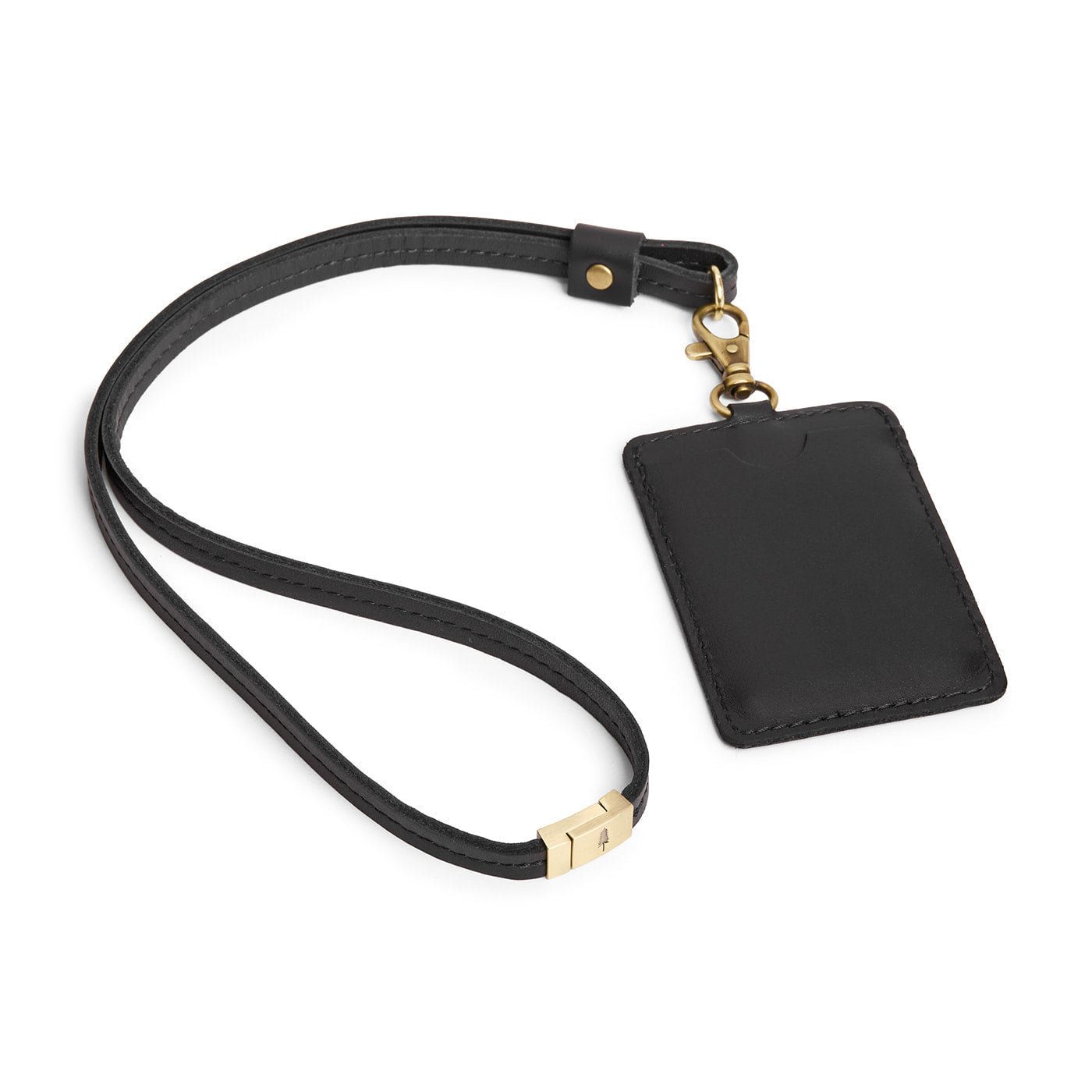 Black | A leather lanyard attached to a matching card holder on a white background