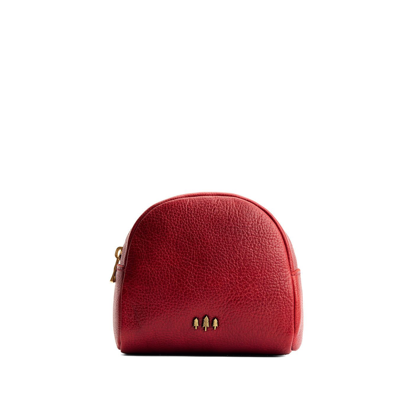 Chili Red | Curved top leather pouch with zipper opening, flat base, and three metal tree emblems in front