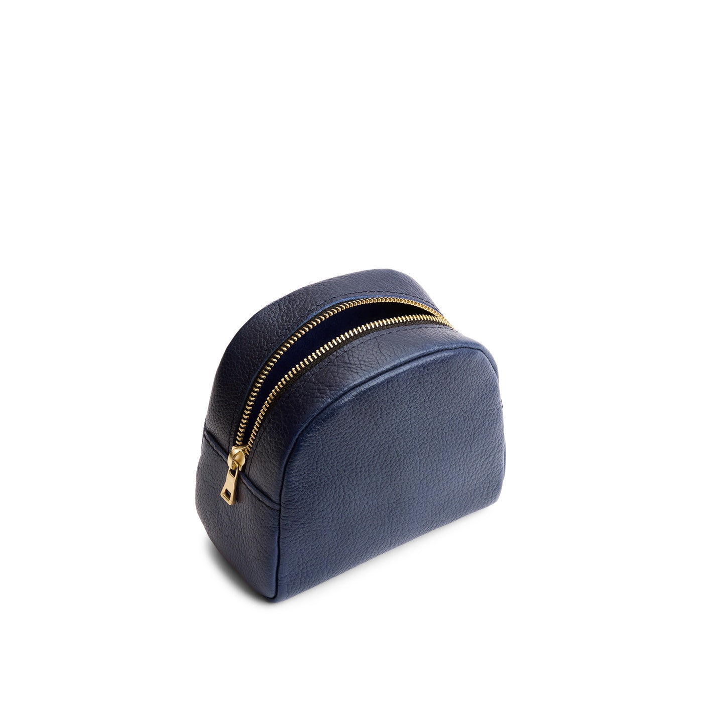 Cobalt | Curved top leather pouch with zipper opening, flat base, and three metal tree emblems in front