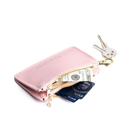 Vintage Pink | Leather double zip wallet with keychain clasp